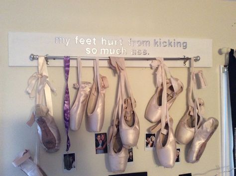 Pointe shoe display made using wood, cardboard letters and a drapery rod. First Pointe Shoes Display, Ballet Shoe Display, Pointe Shoe Display Ideas, Pointe Shoe Decor, Pointe Shoe Display, Gracie Core, Shoes Display, Dance Things, Cardboard Letters