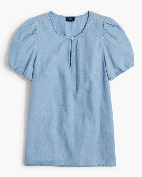 Factory: Puff-sleeve Keyhole Top In Chambray For Women Cottagecore Blouse, Tiered Ruffle Mini Dress, Women Shirt Top, Beige Outfit, Sleeveless Tops Summer, Keyhole Top, Maternity Tees, Popover Shirt, Puffy Sleeves