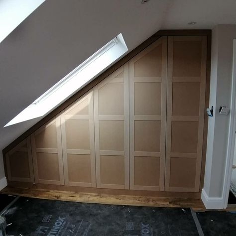 Panelled Walls Cupboard, Diy Panelled Wardrobe, Panelled Loft Bedroom, Mdf Built In Wardrobe, Panelled Wardrobe Doors, Attic Conversion Bedroom, Loft Conversion Wardrobes, Built In Wardrobe Doors, Diy Built In Wardrobes