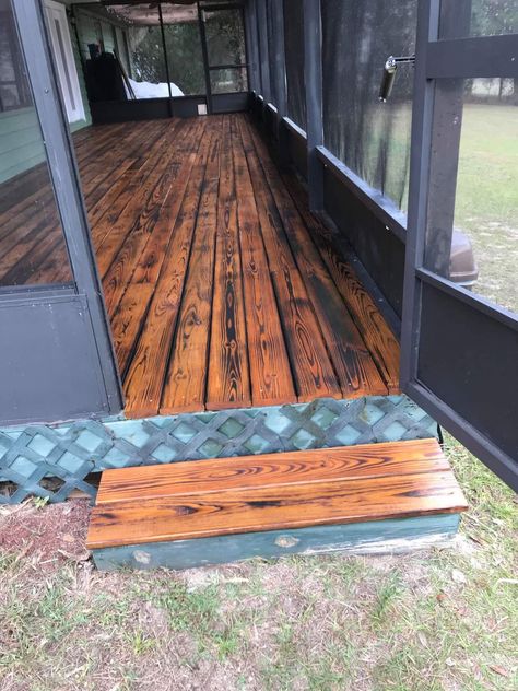 Painted Porch Floor Wood, Screened Deck, Painted Porch Floors, Screened In Deck, Painted Wood Floors, Porch Remodel, Enclosed Porches, Plywood Flooring, Burnt Wood