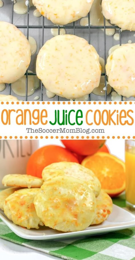 If you're craving a cookie that's anything but ordinary, then our fresh orange juice cookies are a must-try! Light and fluffy in the middle with chewy golden brown edges — they are heavenly pillows of deliciousness! And with real orange juice and orange zest baked right in, these orange cookies are bursting with citrus flavor! Orange Juice Desserts, Orange Juice Cookies, December Baking, Carb List, Orange Desserts, Cookies Orange, Soccer Cookies, Orange Juice Recipes, Lime Cookies