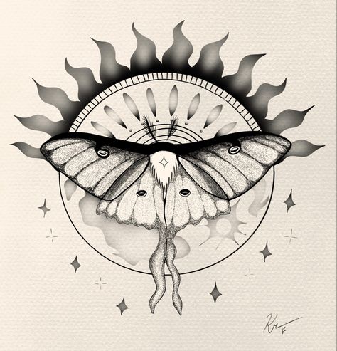 Sun Moth Tattoo, Luna Moth Moon Tattoo, Sun And Moth Tattoo, Celestial Moth Tattoo, Moth And Sun Tattoo, Sun And Moon Moth Tattoo, Moth Sun Tattoo, Lunar Moth Line Art, Luna Moth Tattoo Design Black And White