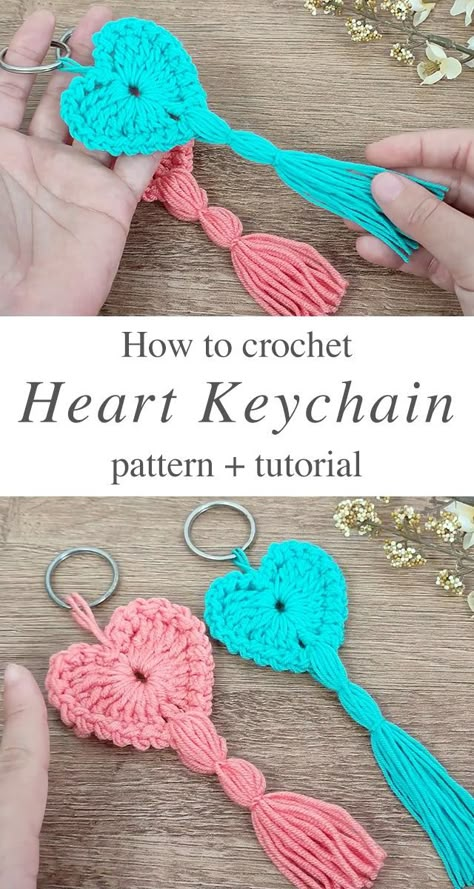 Crochet Heart Keychain Pattern And Tutorial - CrochetBeja Crocheted Keychains, Crochet Heart Keychain, Crochet Keychains, Keychain Pattern, Keychain Ideas, Winter Crochet, Curtains Ideas, Crochet Heart Pattern, Crochet Keychain Pattern