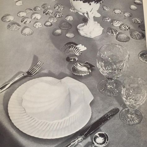 The Seashell Luncheon. 1960’s from Tiffany Table Settings. Carolina Irving, Serving Table, Wedding Tablescapes, The Hunger Games, The Hunger, Place Settings, Food Styling, Hunger Games, Dining Rooms