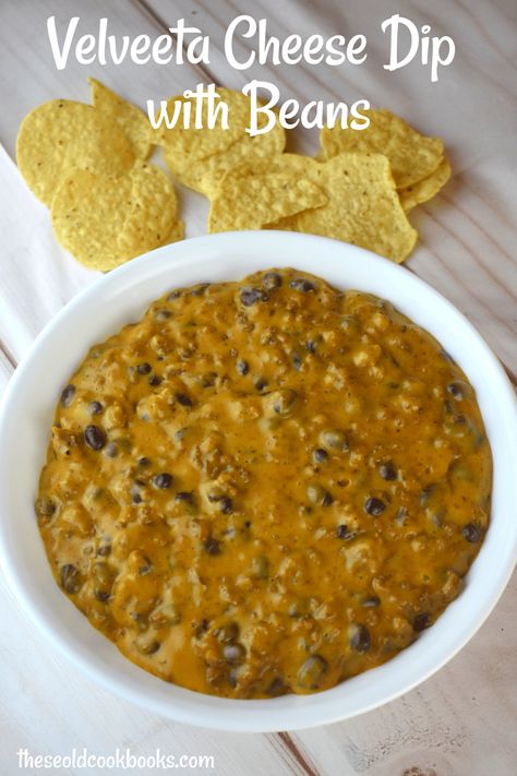 Velveeta Cheese Dip with Beans Recipe - These Old Cookbooks Queso Dip With Beans, Taco Cheese Dip, Chili Bean Dip, Cheesy Queso Dip, Queso Dip Velveeta, Bean Cheese Dip, Velveeta Cheese Dip, White Cheese Dip Recipe, Cheese Chip Dip