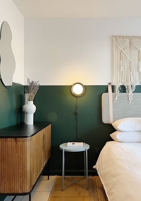 Dark Green Half Wall Bedroom, Dark Green Accent Wall, Green Bedroom Wall, Paint For Interior Walls, Green Bedroom Paint, Dark Green Paint, Bedroom Accents, Half Painted Walls, Green Accent Walls