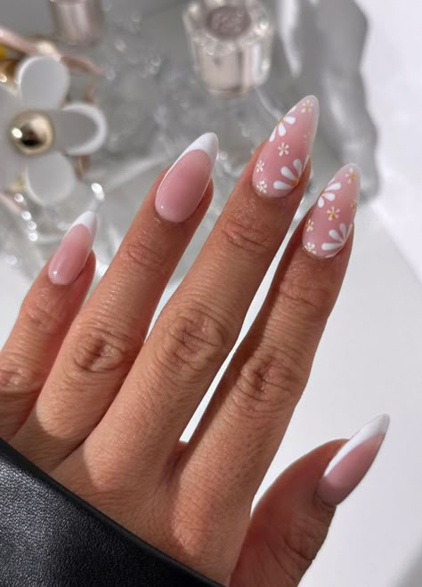 Yellow And White Almond Nails, Fun Spring Nails Almond Shape, White Spring Nail Designs, Elegant Nails With Flowers, White French Tip Summer Nails, White Patterned Nails, White Nails With Yellow Flower, May Dip Nails Ideas 2024, White And Pink Flower Nails