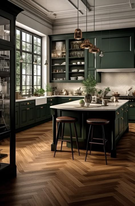 Green Kitchen Cabinet, Dark Green Kitchen, Floor Options, Dark Green Walls, Green Kitchen Cabinets, Kitchen Cabinet Ideas, Green Cabinets, Kitchen Cabinet Colors, Cabinet Ideas