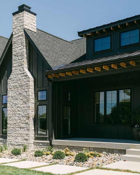 Black Birch Homes & Design on Instagram: “That stone chimney 🔥 . . 📸 @classicgrayhome” Stone Chimney Exterior Modern Farmhouse, Fireplace Exterior Chimney, Chimney On Front Of House, Black Chimney Exterior, Exterior Fireplace Chimney Ideas, Painted Chimney Exterior, Stone Chimney Exterior, Exterior Chimney Ideas, Chimney Exterior