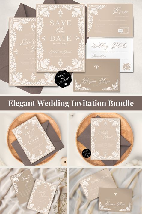 Beautiful Romantic Talavera Inspired Wedding Invitation Bundle. Neutral - Nude colour Modern Wedding destination Bundle of Save the Date, Invitation, RSVP, Place card, Details Card and Thank You Note. Unique design, Super trendy and elegant. Fully customizable. All you need simple designed by Akbaly Hacienda Style Wedding Invitations, Newspaper Wedding Invitations, Talavera Wedding, Hispanic Wedding, Mexican Wedding Invitations, Dream Wedding Invitations, Mexican Inspired Wedding, Wedding Newspaper, Wedding Invitations Romantic