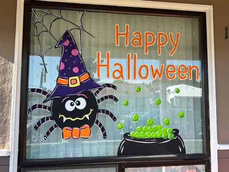 Painted Windows For Halloween, Happy Halloween Window Painting, Halloween Painted Window Ideas, Halloween Windows Painted, Window Painting Ideas Halloween, Easy Halloween Window Painting Ideas, Fall Window Art Painting, Halloween Painted Windows, Pumpkin Window Painting