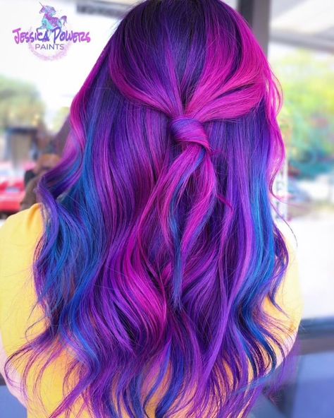 Blue Purple Pink Hair, Pink Purple And Blue Hair, Hair Roulette, Pink Purple Blue Hair, Pinwheel Hair Color, Blue And Pink Hair, Pink Purple Hair, Wild Hair Color, Vivid Hair