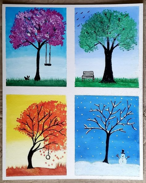 Reading Under A Tree Drawing, Tree Four Seasons Art, Seasonal Paintings, Four Seasons Drawing, 4 Seasons Art, 4 Seasons, Four Seasons Painting, Four Seasons Art, Spring Drawing