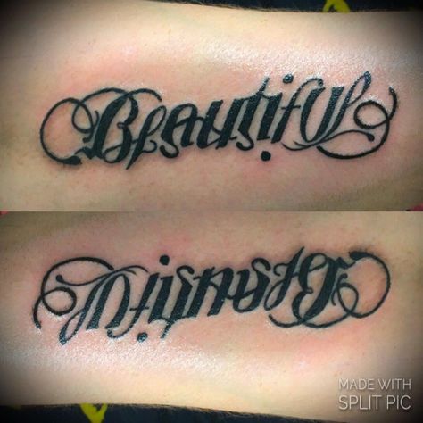 #beautiful #disaster #stillwater #tattoo #religiousinktattoo #ambigramtattoo #momswhotattoo #momswhotattooarecooler #words #forarm #ink… Beauty Tattoos Word, Ambigram Face Tattoo, Tattoo Ambigram, Ambigram Tattoo Ideas For Women, Beautiful Disaster Tattoo, Disaster Tattoo, Ambigram Tattoo Generator, Ambigram Tattoo, Best Couple Tattoos