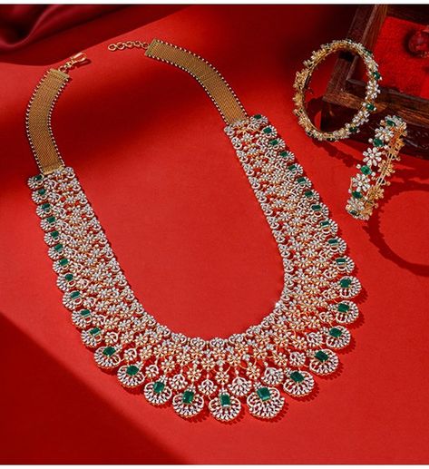 Floral Diamond Long Haram Design Sets Diamond Long Haram, Long Haram, Diamond Wedding Jewelry, Diamond Necklace Set, Necklace Sets, Diamond Bangle, Set Design, Wedding Season, Diamond Wedding