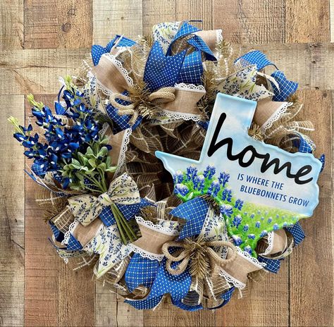 Bluebonnet Wreath Texas, Texas Wreath Ideas, Bluebonnet Wreath, Texas Wreath, Cactus Wreath, House Wreath, Summer Deco Mesh Wreaths, Porch Wreath, Summer Deco