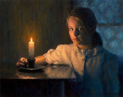 Natalia Klevaia on Instagram: “Monday - "Open Day" - - - - - - - - - - - - - - - - - - - - - - - Art by Damian Lechoszest 🎨 @damianlechoszest "Alice in Candlelight" 24x30…” Candlelight Portrait Photography, Candlelit Portrait, Candlelight Illustration, Candlelight Portrait, Candle Light Painting, Face Lit By Candlelight, Damian Lechoszest, Morgan Weistling, Study Biology