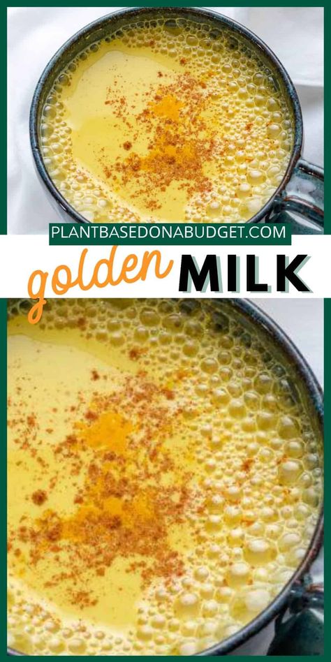 Enjoy this warm and comforting drink during the winter season! It's perfectly spiced and so delicious! #plantbasedonabudget #golden #milk Antiinflammatory Drinks, Inflammatory Drinks, Turmeric Milk Recipe, Turmeric Golden Milk, Golden Milk Recipe, Inflammation Recipes, Golden Milk Latte, Milk Plant, Anti Inflammation Recipes