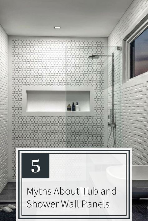 We bring to you the 5 myths about tub and shower wall panels. Trust me, you won't want to mess this! Check out Sebring Design Build for more remodeling tips! | Innovate Building Solutions | #ShowerWalls #BathroomIdeas #SolidSurface |  Shower Wall Ideas  Tub Surround  DIY Tub Wall Panels Diy Tub Surround, Shower Surround Panels, Tub Alcove, Basement Wall Panels, Diy Tub, Acrylic Shower Walls, Wall Paneling Diy, Shower Wall Panels, Tub Surround