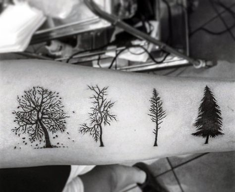 Black Ink Men's Pine Tree Tattoo Of Seasons Seasons Tree Tattoo, Seasons Tattoo, Wilderness Tattoo, Pine Tattoo, Tree Tattoo Men, Worlds Best Tattoos, Pine Tree Tattoo, Tree Tattoo Designs, Feminine Tattoo