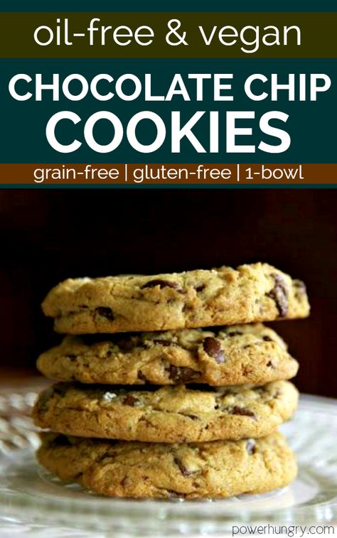 Mouthwatering oil-free & vegan chocolate chip cookies! Grain-free & gluten-free, they are crunchy at the edges & soft at the center. YUM! #chocolatechipcookies #vegan #grainfree #oilfree #eggfree #dairyfree #glutenfree #vegancookies #oilfreecookies #grainfreecookies #cleaneating #cleaneats #fitnessfood #1bowl #easyrecipe #healthycookies Gluten Free Oil Free Vegan Recipes, Oil Free Baking, Oil Free Vegan Snacks, Vegan Oil Free Cookies, Oil Free Gluten Free Vegan Recipes, Vegan Crunchy Cookies, Oil Free Cookies, Vegan Oil Free Recipes, Tofu Cookies