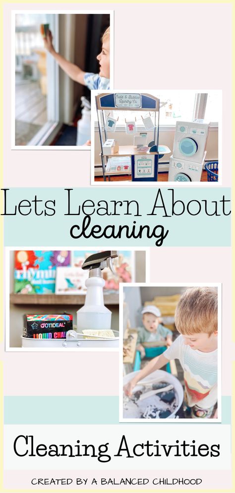 A blog post about fun spring cleaning/cleaning activities and books to inspire children to clean!  5 different cleaning activities. Clean Up Activities For Preschool, Cleaning Activities For Preschool, Bunny Game, Toddler Cleaning, Preschool Journals, Prek Activities, Dust Bunny, Window Washing, Learning Stories