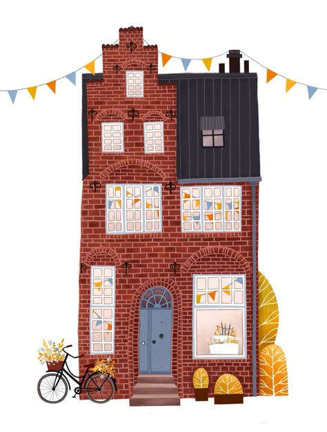 Building Illustration, House Illustration, House Drawing, Architecture Illustration, Art And Illustration, Brick House, Painting Illustration, Book Illustration, Painting Inspiration