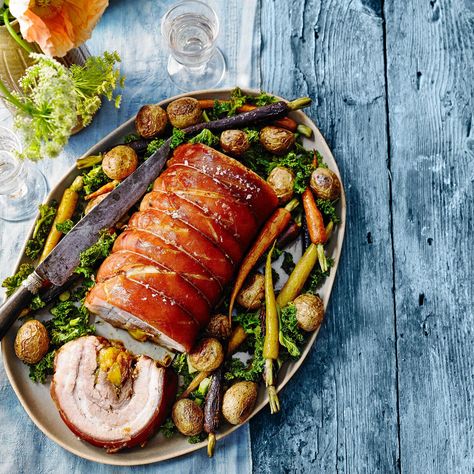 Rolled Crackling Pork Belly with Peach Stuffingghkuk Pork Belly Presentation, Pork Roulade Stuffing, Slow Roasted Pork Belly, Roast Pork Belly Crispy, Easy Beef Wellington, Italian Pork Chops, Truffle Oil Recipes, Belly Roll, Roast Pork Belly