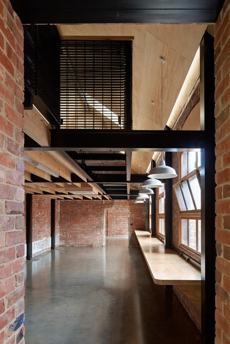 Birkenstock Australia / MDS Exposed Brick Office, Mezzanine Office Design, Brick Office, Australia Melbourne, Studio Office, Timber Windows, Arch Interior, Adaptive Reuse, Office Snapshots