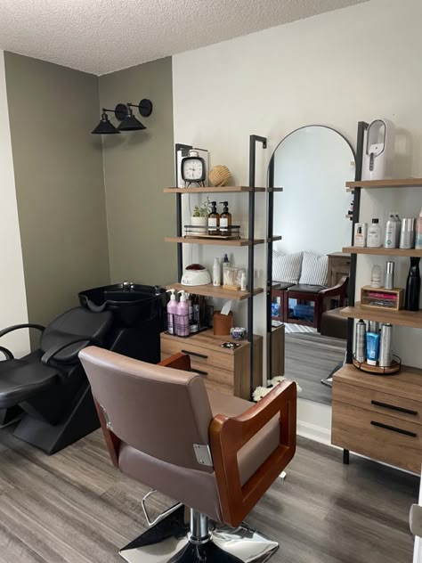 Home Based Salon Ideas Small Spaces, Small Hair Suite Ideas, Cool Hair Salon Interior Design, Small Boho Hair Salon, Blowout Bar Ideas, Small Home Hair Salon Ideas, Two Chair Salon Suite, Hair Stylist Room Decor, Home Based Hair Salon Ideas