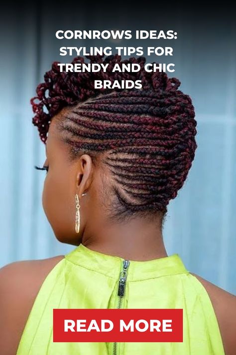 Woman with stylish cornrows and red highlights in an updo, showcasing trendy braid hairstyle tips. Different Styles Of Cornrows, Natural Hair Braid Updo Styles, Up Do Cornrow Hairstyles, Natural Cornrows For Black Women, Nice Cornrows Hairstyles, All Back Weaving With Natural Hair, Side Part Cornrows Braids, Ghana Braids Updo, Updo Braids For Black Hair