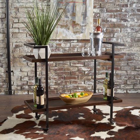 Dark Wood Room, Dark Wood Bar, Wooden Bar Cart, Industrial Bar Cart, Rolling Carts, Wood Bar Cart, Gold Bar Cart, Industrial Bar, Bar Cart Decor