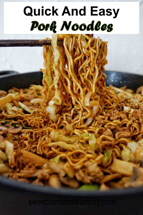 Chopsticks holding noodles over black bowl of the same with text at the top. Pulled Pork And Noodles, Pork Roman Noodle Recipes, Pork With Noodles Recipes, Pork Chop Noodle Recipes, Pork Roast And Noodles, Ground Pork And Ramen Noodles, Pulled Pork Noodles, Ground Pork Noodles Recipe, Ground Pork And Noodles