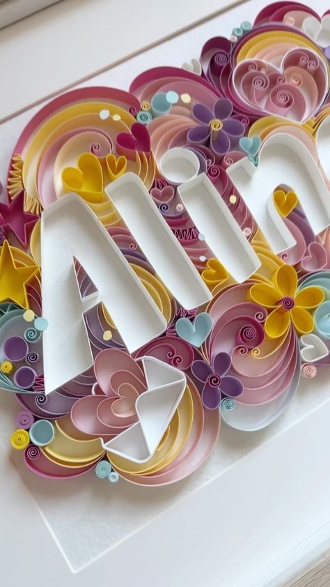 Quilling By Svetlana Danilova | New experience with quilled design and paper swirls 🌀 Quilling name decor 🌀 #quilling#name#kidsroom#girlsroom#kidsdecor | Instagram Name Quilling Art, Paper Quilling Flowers, Flowers Heart, Paper Quilling Patterns, Quilling Flowers, Painting Art Lesson, Quilling Patterns, Words Prints, Kids Names