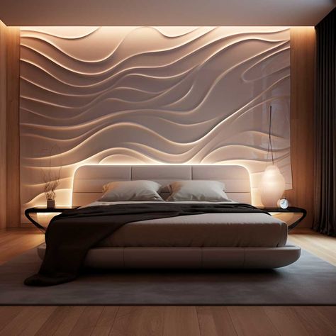 Futuristic Bedroom Decor, Modern Bedroom Panelling, Back Lit Wall Panel, Back Panel Design Bedrooms, Led Panel Design Bedroom, Bed Panel Design, Bed Paneling, Rajat Kapoor, Wall Panel Bedroom