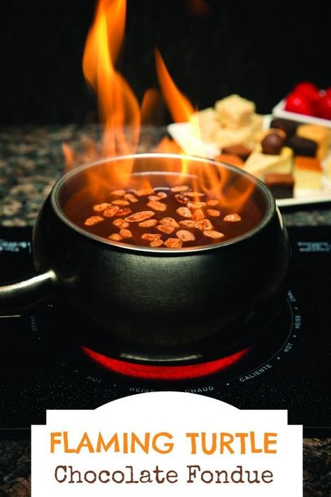 Flaming Turtle Chocolate Fondue http://www.justshortofcrazy.com/flaming-turtle-chocolate-fondue/ Turtle Fondue, Melting Pot Recipes, Fondue Dippers, Fondue Restaurant, Chocolate Fondue Recipe, Fondue Night, Fondue Recipe, The Melting Pot, Chocolate Turtles