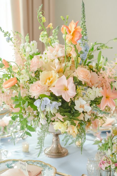 Pastel Wedding Centerpieces: 30+ Ideas for Your Big Day | Matched Hearts Spring Wedding Floral Centerpieces, Pastel Centerpieces Wedding, Pastel Wedding Centerpieces, Pastel Wedding Decor, Spring Pastel Wedding, Pastel Wedding Florals, Wedding Table Arrangements, Peony Centerpiece, Pastel Wedding Decorations