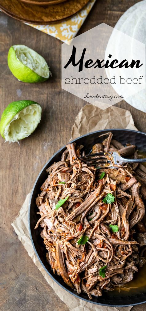 Take Taco Tuesdays up a notch with this tender Mexican Shredded Beef recipe that cooks in the crock pot! The flavorful sauce and juicy meat make a great filling for tacos, burritos, quesadillas, and more. Shredded Beef Recipe, Shredded Beef Recipes, Shredded Beef Tacos, Mexican Shredded Beef, Skirt Steak Recipes, Authentic Mexican Recipes, Mexican Beef, Tacos Burritos, Tacos And Burritos