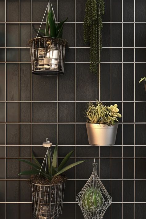 Hanging plants and succulents in metal baskets against a black grid wall. Indoor Plant Wall Shelves, Plant Wall Shelves, Plant Wall Decor Ideas, Plant Wall Design, Plant Wall Ideas, Vertical Plant Wall, Small Flowering Plants, Shade Tolerant Plants, Indoor Plant Wall