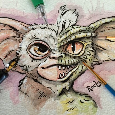 Gizmo Tattoo, Gremlins Art, Robin Drawing, Freddy Krueger Art, Sharpie Drawings, Watercolor And Pen, Abstract Face Art, Graffiti Drawing, Halloween Cartoons