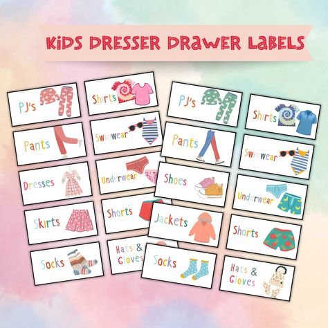 Kids Clothing Storage, Stickers Organization, Kids Cupboard, Kids Drawer, Kids Clothes Storage, Ava Marie, Kids Dresser, Organization Labels, Family Organization