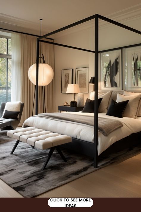 Four Poster Bed Modern, Master Bedrooms Four Poster Bed, Bedroom Ideas Four Poster Bed, Minimal Moody Bedroom, Poster Beds Ideas, Master Bedrooms With Canopy Beds, Four Poster Bed Bedroom Ideas, Black Poster Bed Bedroom Ideas, Bedroom With Canopy Bed Decorating Ideas