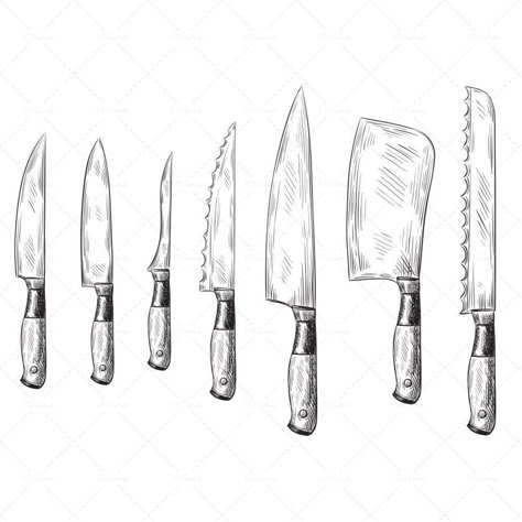 Paring Knife Drawing, Chefs Knife Drawing, Drawings Of Knives, Kitchen Knife Drawing, Knife Draw Sketches, Chef Knife Drawing, Kitchen Knife Tattoo, Knife Outline, Knife Doodle