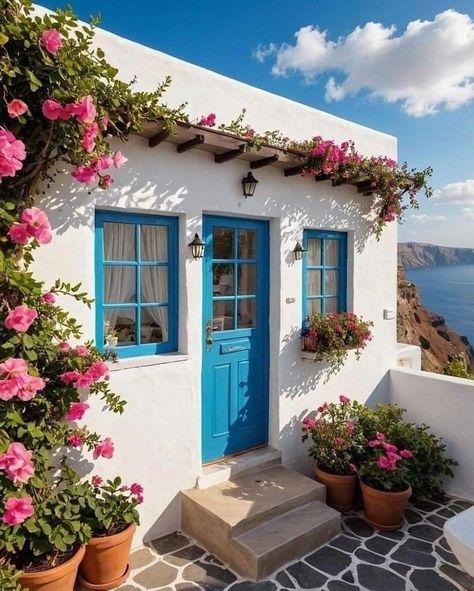 Island Home Exterior, Greek Doors, Greek Style Home, Greek Homes, Greece Homes, Yellow Kitchen Cabinets, Cottage House Interior, Greece House, Dream House Aesthetic