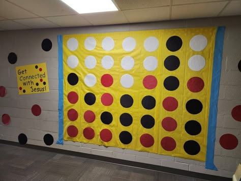 Connect Four Decorations, Vbs 2023 Decorating Ideas, Connect Four Bulletin Board, Connect Four Vbs, Large Board Game Decorations, Game Of Life Decorations, Diy Connect Four Wall Game, Game Vbs, Board Game Hallway Theme