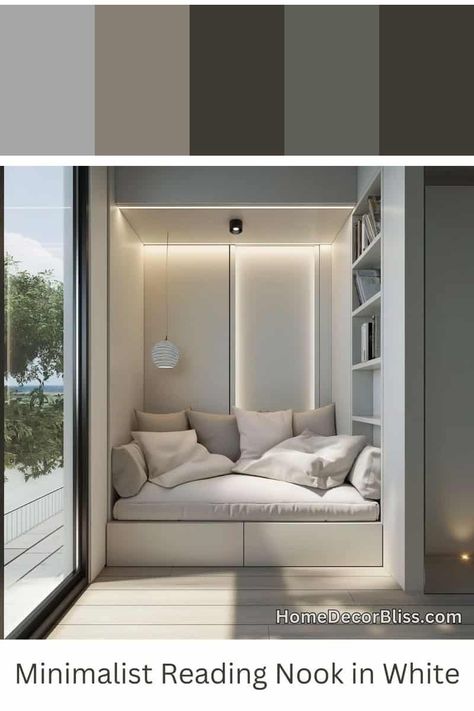 Minimalist Reading Nook: Neutral Color Scheme & Built-In Bench Reading Bench Nook, Cozy Reading Nook Ideas, Modern Reading Nook, Minimalist Home Decor Ideas, Office Room Design, Reading Space, Room Concept, Monochromatic Color Scheme, Wallpaper Walls Decor