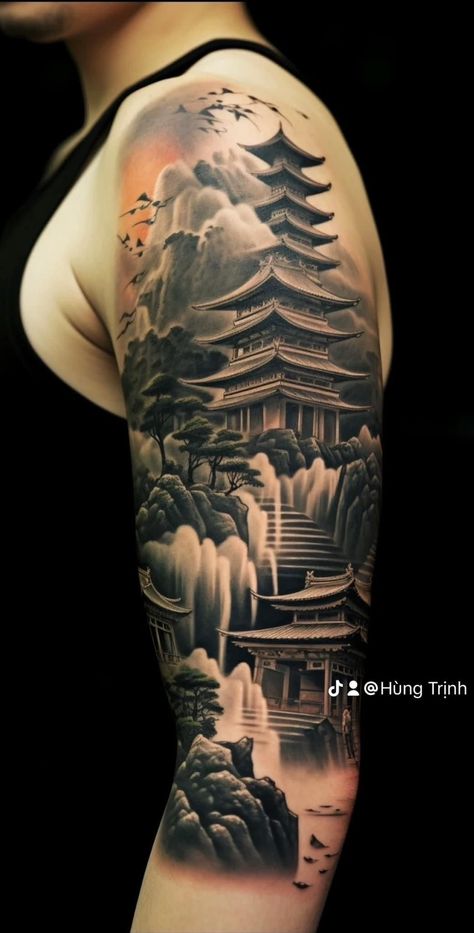 Chinese Style Sleeve Tattoo, Samurai Leg Sleeve Tattoo, Korean Temple Tattoo, Japan Temple Tattoo, Japanese Nature Tattoo, Japanese Waterfall Tattoo, Chinese Temple Tattoo, Japanese Landscape Tattoo, Japanese Garden Tattoo