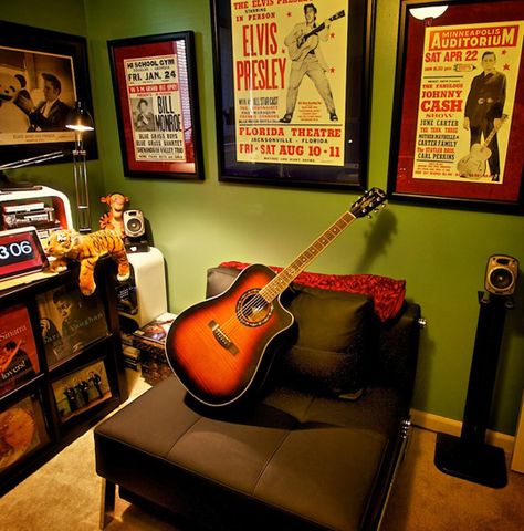 Retro/vintage elements with modern touches like the chair and lamp | vintage concert posters | vinyl record collection | guitar | avocado green walls Man Cave Chair, Retro Basement, Home Music Rooms, Guitar Room, Music Studio Room, Therapy Room, Man Caves, Studio Room, Music Studio