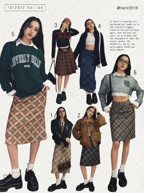 Aw Outfits 2023, Pattern Stockings Outfit, 90s College Outfit, Y2k Outfit Skirt, Lunar New Year Outfit Ideas, 2018 Aesthetic Outfits, Street Style Skirt Outfit, Earth Tone Fits, Ootd 90s Style