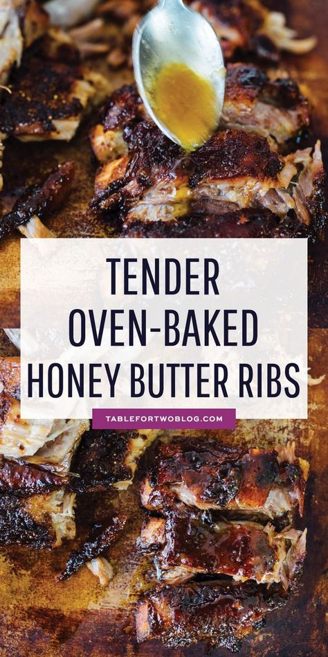 Tender Oven-Baked Honey Butter Ribs | Table for Two | Bloglovin’ Honey Mustard Ribs Recipe, Honey Mustard Ribs, Baked Beef Ribs, Oven Pork Ribs, Ribs Recipe Oven, Baked Pork Ribs, Baked Bbq Ribs, Boneless Pork Ribs, Ribs In Oven